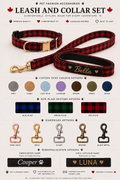 Personalized dog collar and leash set with plaid fabric, gold hardware and custom name options by True North Pet Staton