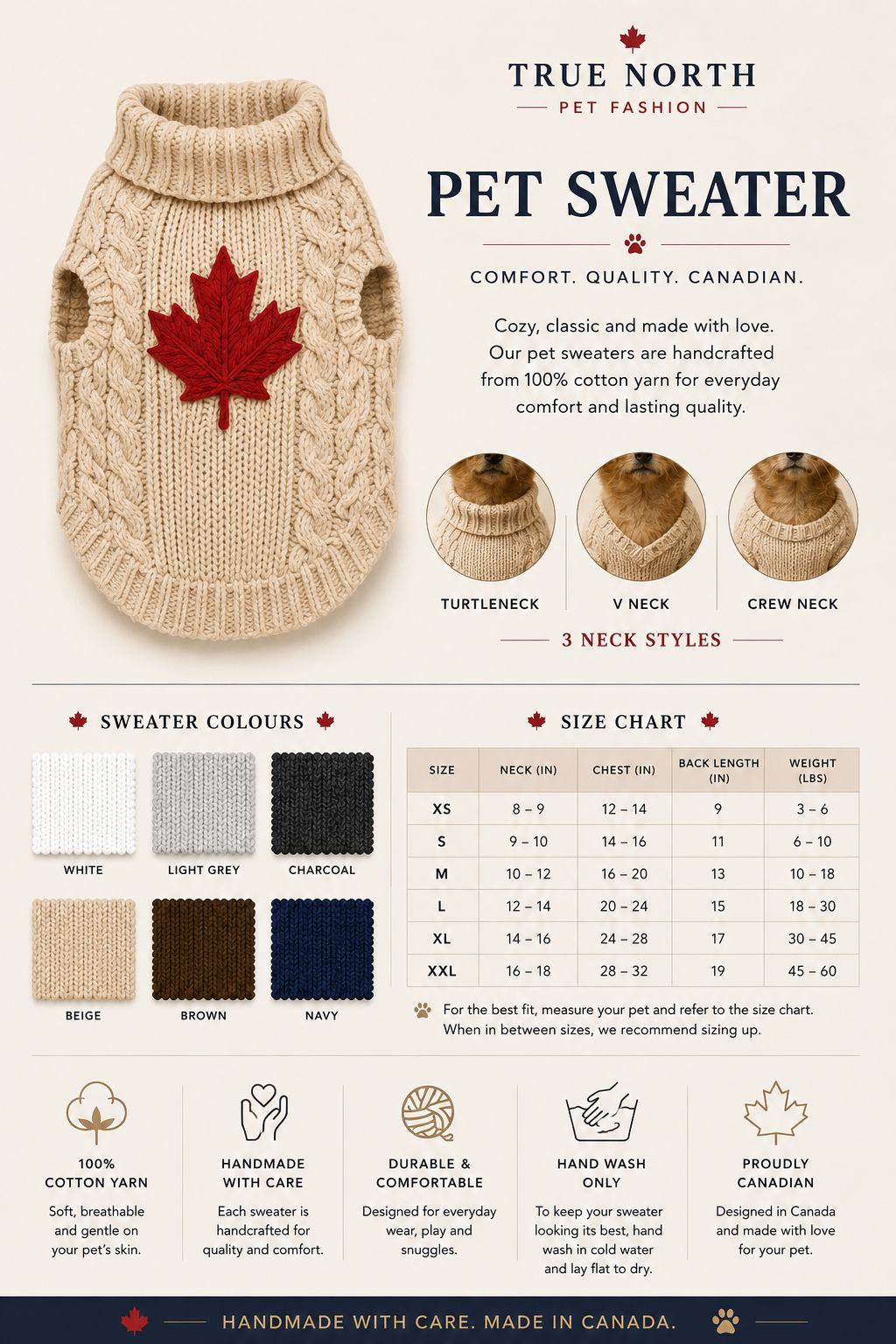 True North Pet Sweater size chart and colour options