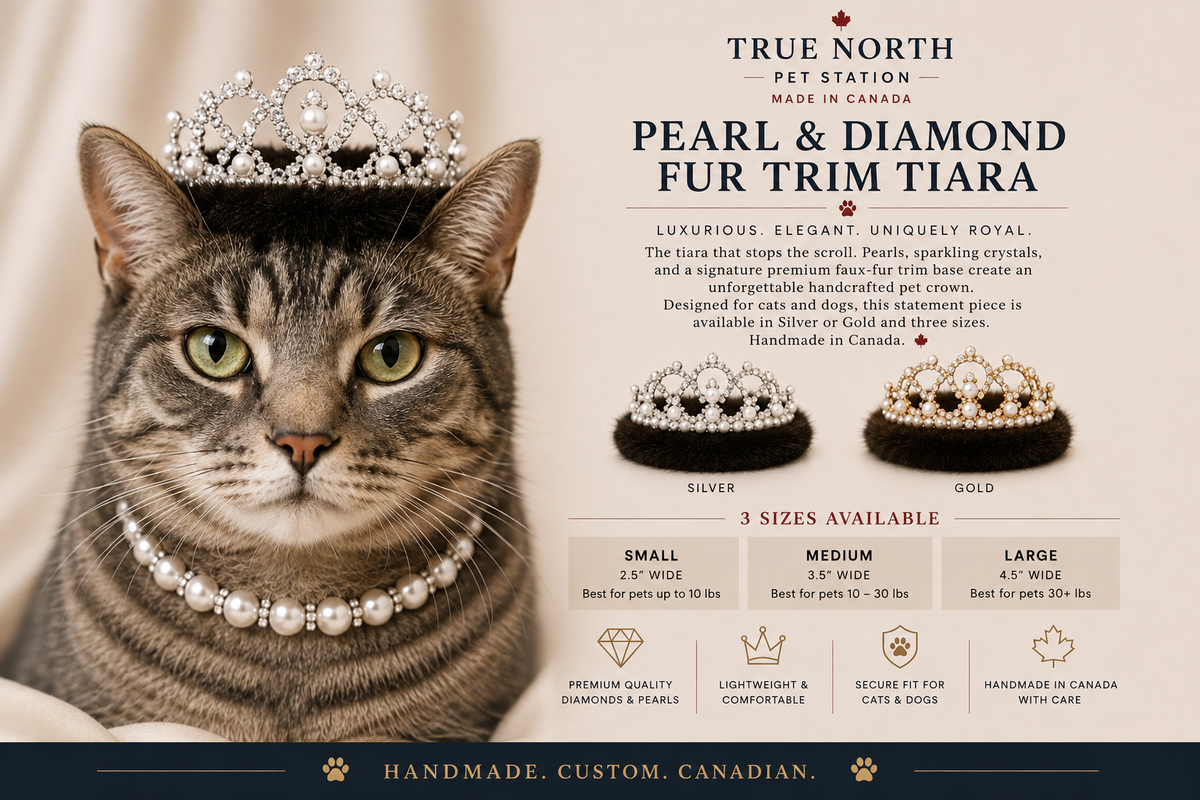 Pearl and Diamond faux fur trim pet tiara in silver and gold with tabby cat, handmade in Canada for cats and dogs.