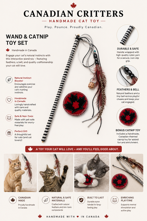 Canadian Critters Wand & Catnip Toy Set – handmade 16 inch cat wand with feathers, beads, bell and bonus catnip toy