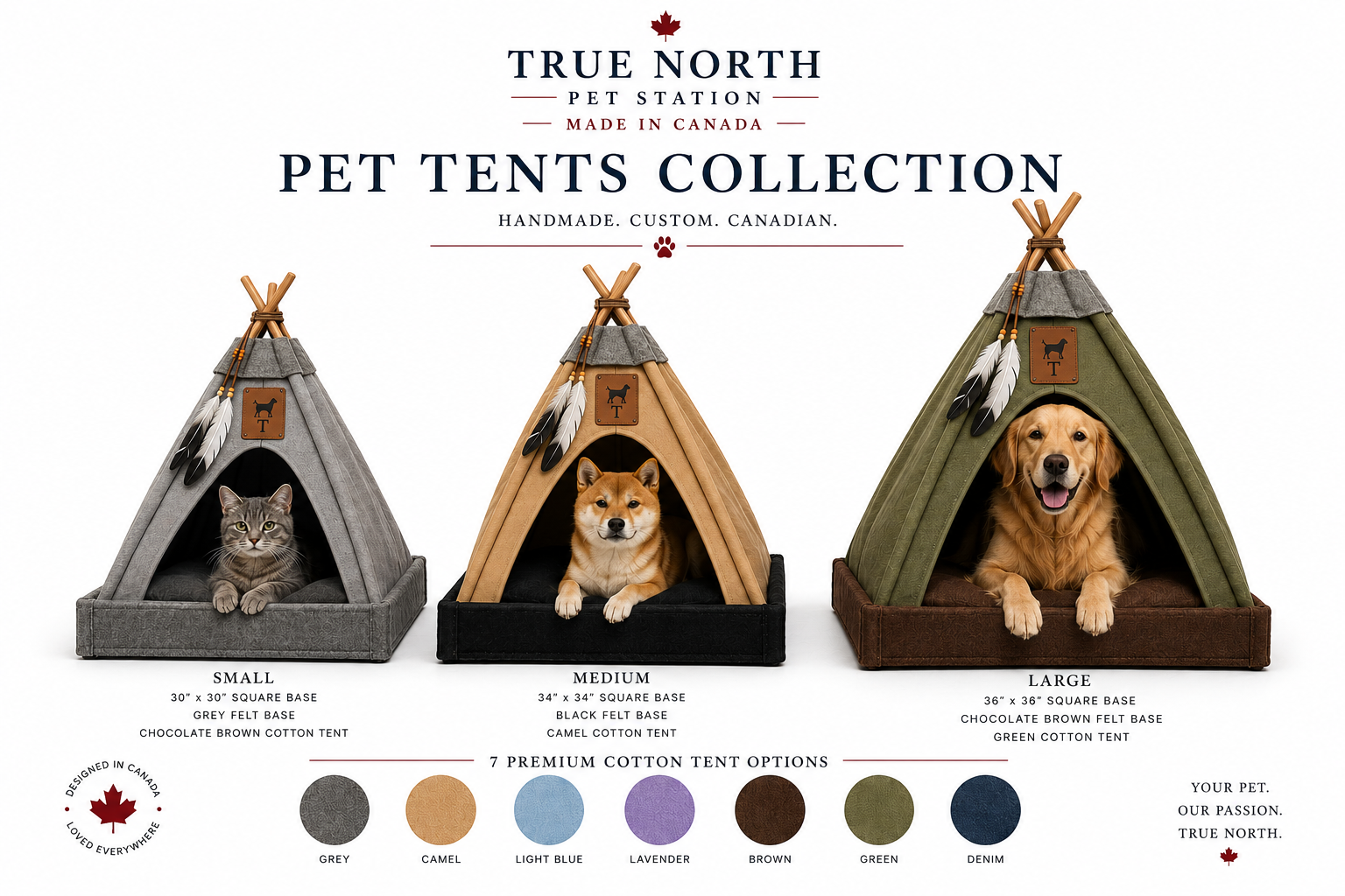 Handmade custom pet tents for dogs and cats by True North Pet staton - small medium and large sizes.
