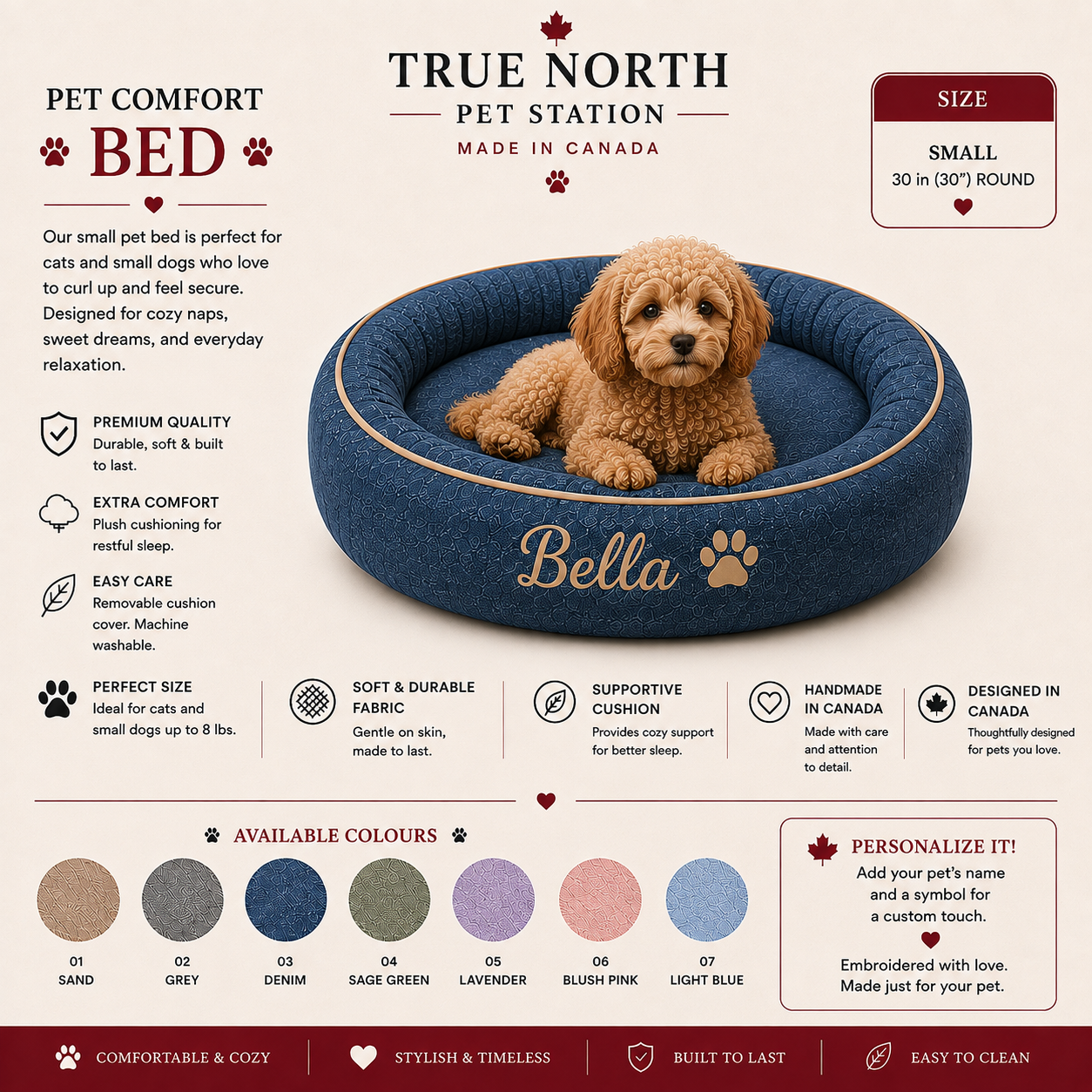 Small 30-inch round pet bed in denim blue with personalized name, handmade in Canada for cats and small dogs