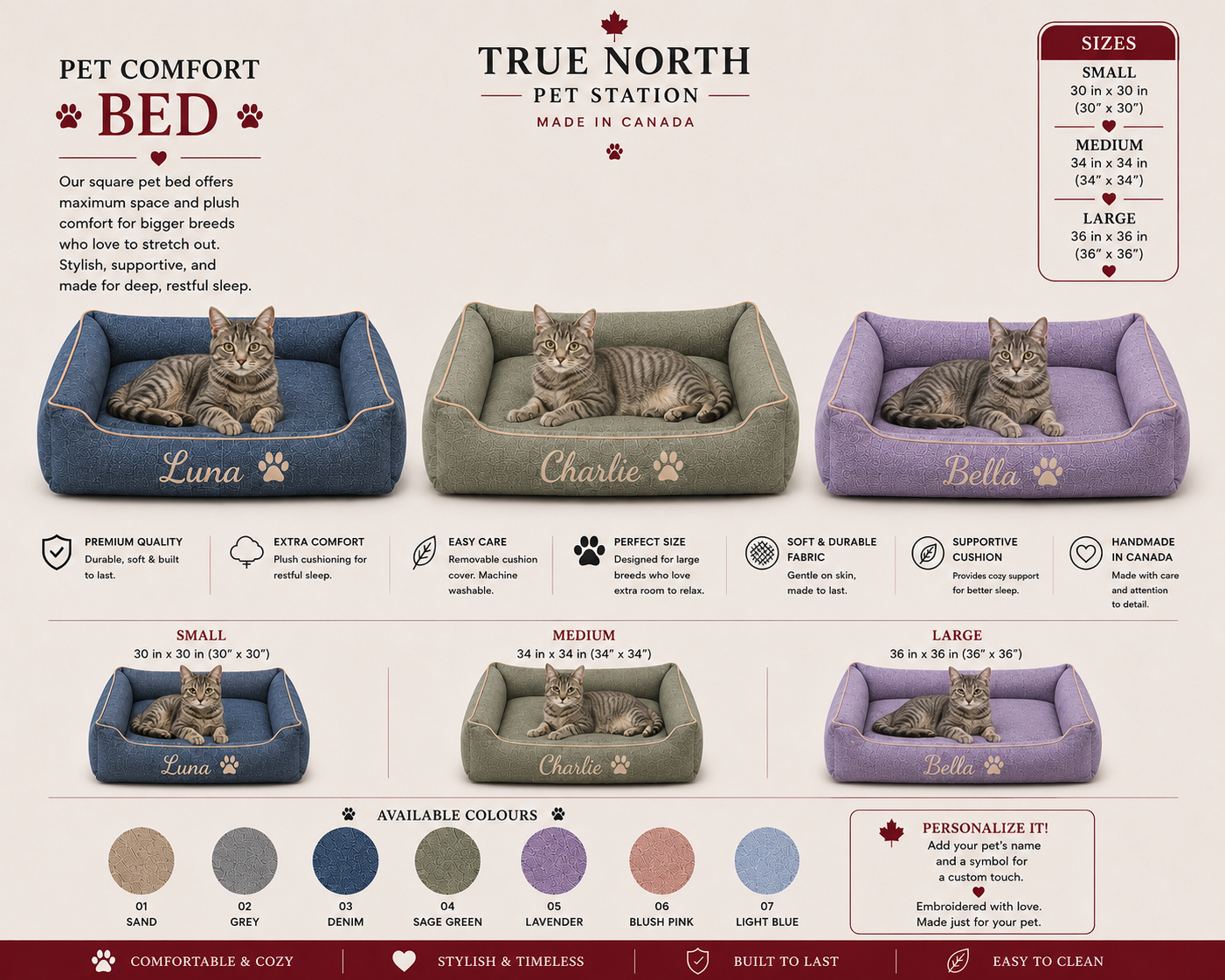 True North Pet Station handmade square pet comfort beds for dogs and cats in 3 sizes and seven colours, personalized with pet name and symbol, made in Canada.