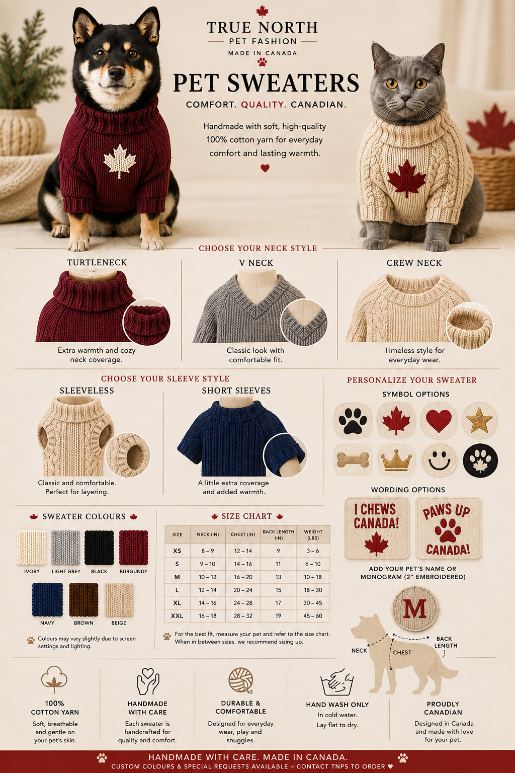 Personalized handmade pet sweaters showing neck and sleeve styles, colour choices, symbols, wording options and size for dogs and cats.