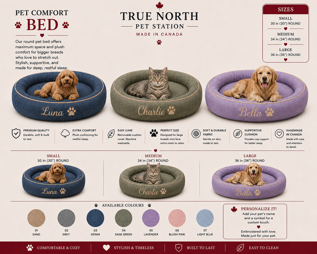 True North Pet Station round pet beds in small, medium and large sizes for cats and dogs, handmade in Canada 