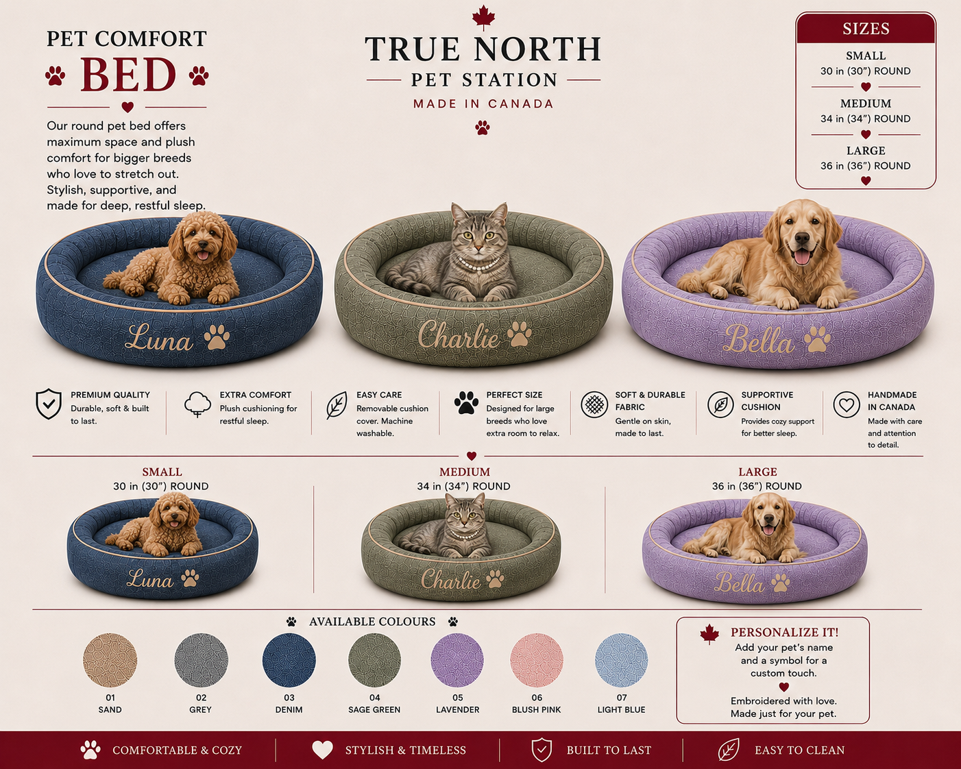 True North Pet Station round pet beds in small, medium and large sizes for cats and dogs, handmade in Canada 