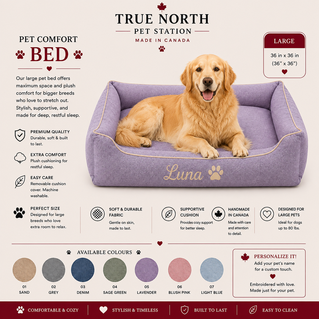Large 36x36 inch handmade square dog bed in lavender, personalized with pet name, by True North Pet Station in Canada.