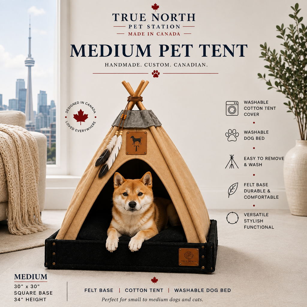 Medium handmade custom pet tent for dogs and cats with 30x30 inch square black felt base, camel cotton cover and washable pet bed