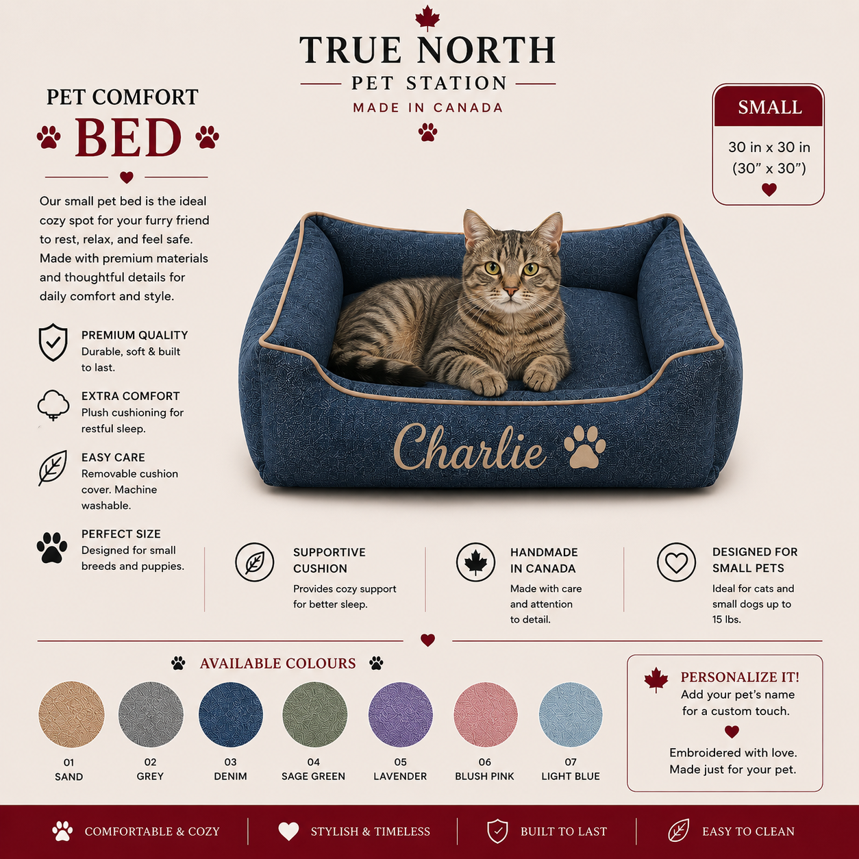 Small 30x30 inch handmade square cat bed in denim blue, personalized with pet name, by True North Pet Station in Canada .