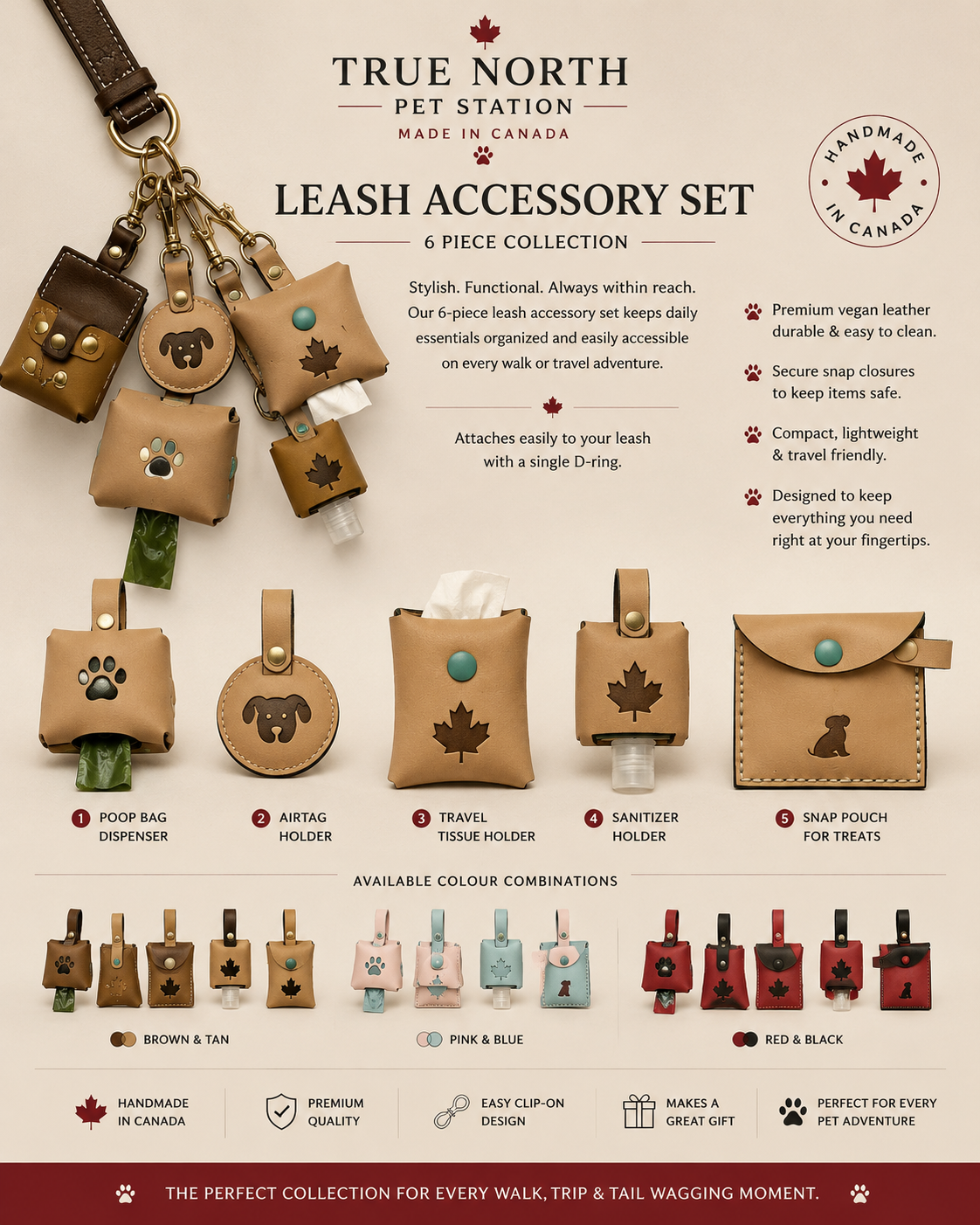Matching dog leash accessory set with poop bag dispenser, AirTag holder, tissue holder, sanitizer holder and treat pouch