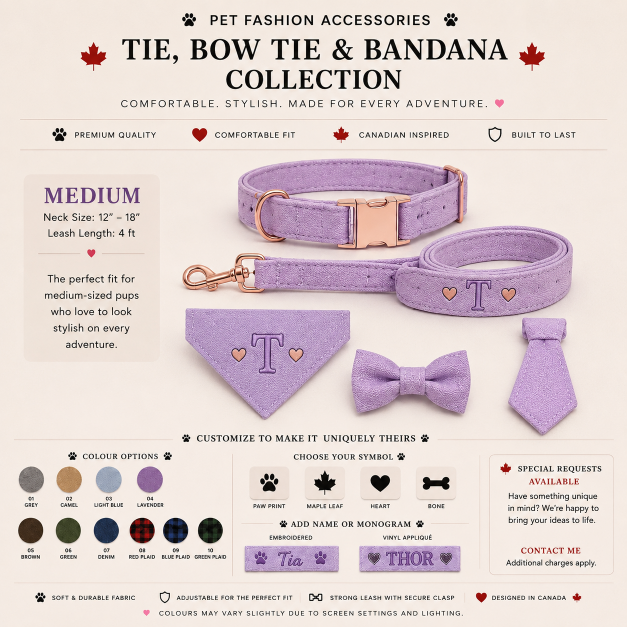 Personalized Pet Bow Tie in Lavender - Medium size with embroidered monogram