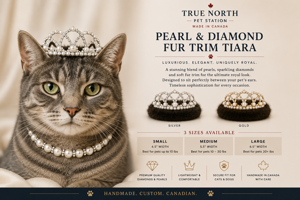 Pearl & Diamond Fur Trim Tiara – luxury handmade pet tiara in silver and gold