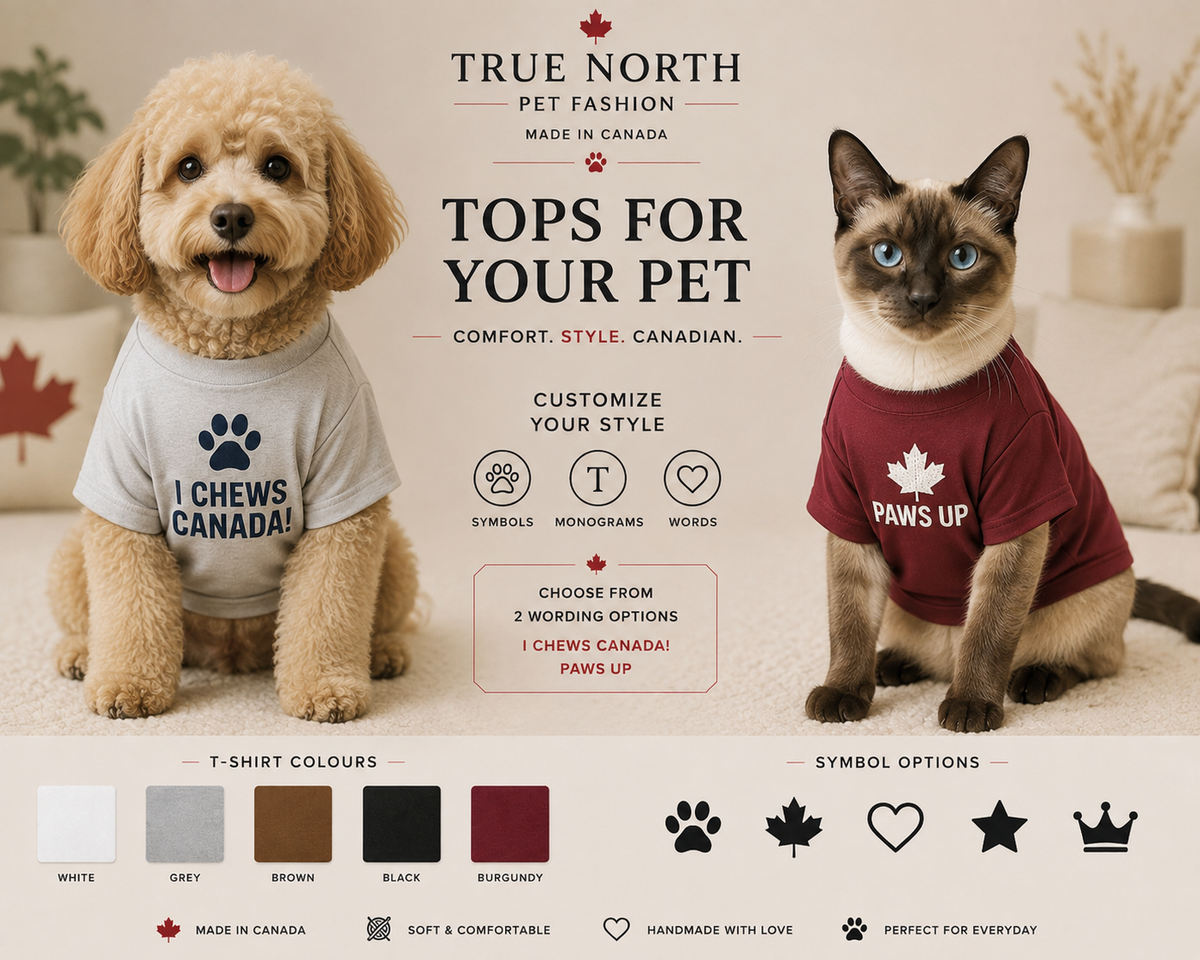 Personalized pet T-shirts for dogs and cats, handmade in Canada by True North Pet Station with custom colours, symbols and wording.