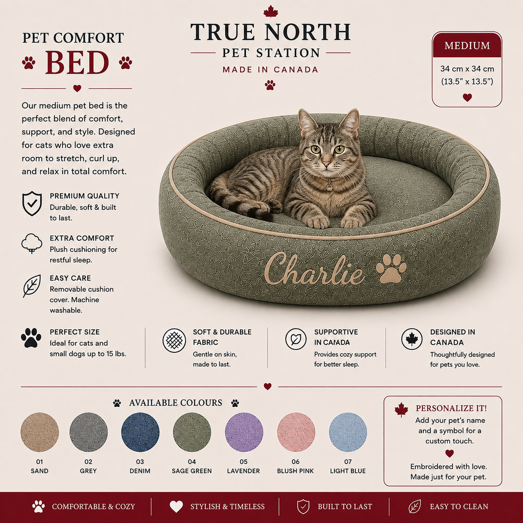 Medium 34-inch round pet bed in sage green with personalized name for cats and dogs, handmade in Canada 