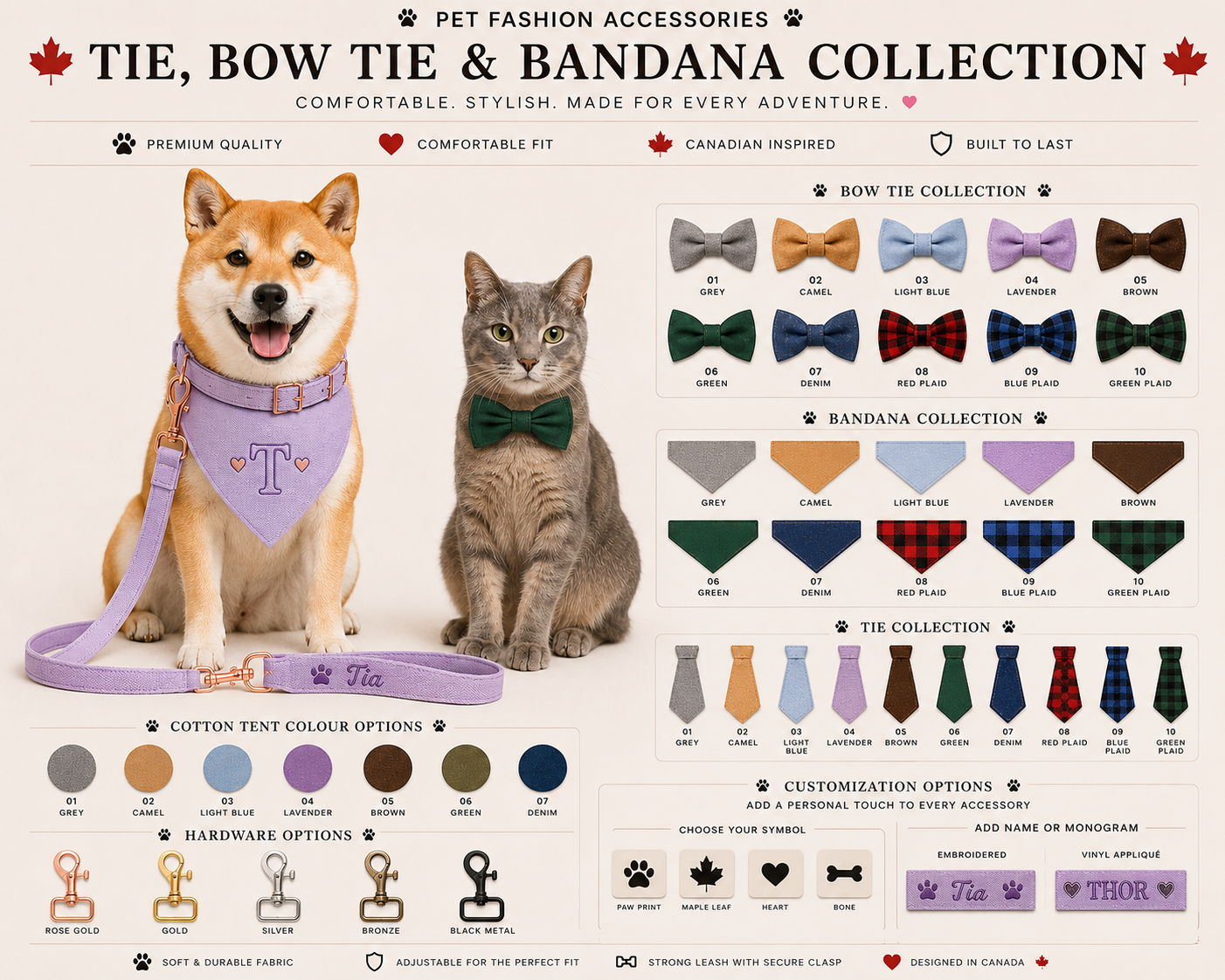 Tie, Bow Tie & Bandana Collection overview with colour swatches and customization options