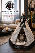 Luxury hexagon pet tent with cat, custom pet bed and personalized details, handcrafted in Canada by True North Pet Station  