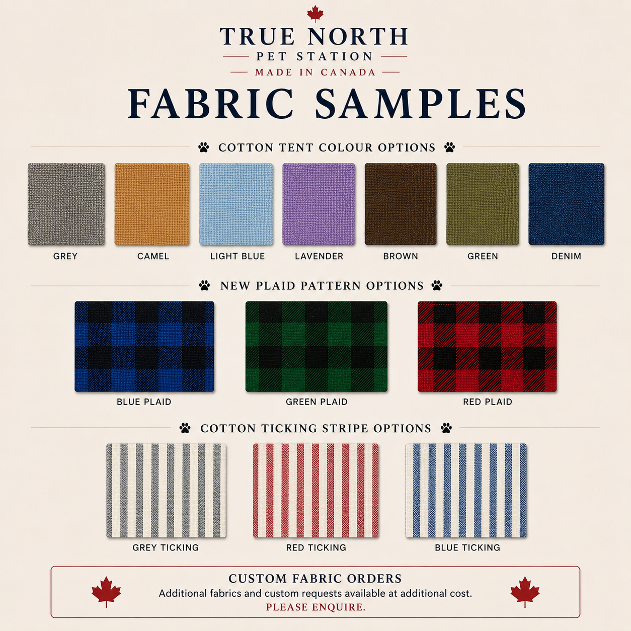 True North Pet Station pet tent fabric samples with solid cotton colours, plaid patterns and cotton ticking stripe options