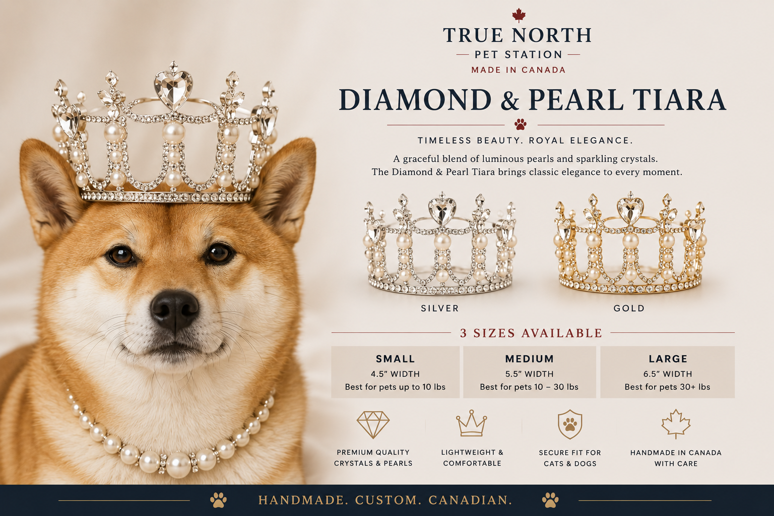Diamond & Pearl Tiara – handmade pet tiara in silver and gold for cats and dogs