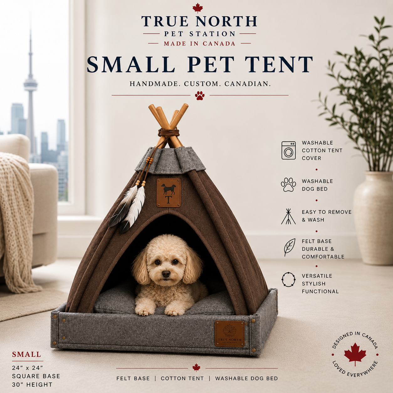 Small Handmade custom pet tejnt for dogs and cats with grey felt base, chocolate brown cotton cover and washable pet bed