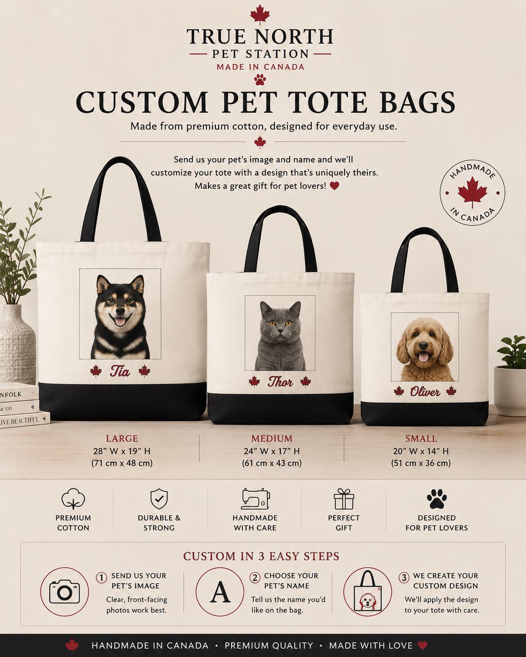 Custom Pet Tote Bag – all three sizes shown with pet photos and names