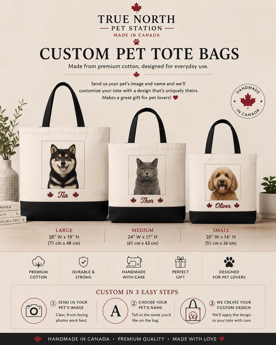 Custom Pet Tote Bag – all three sizes shown with pet photos and names