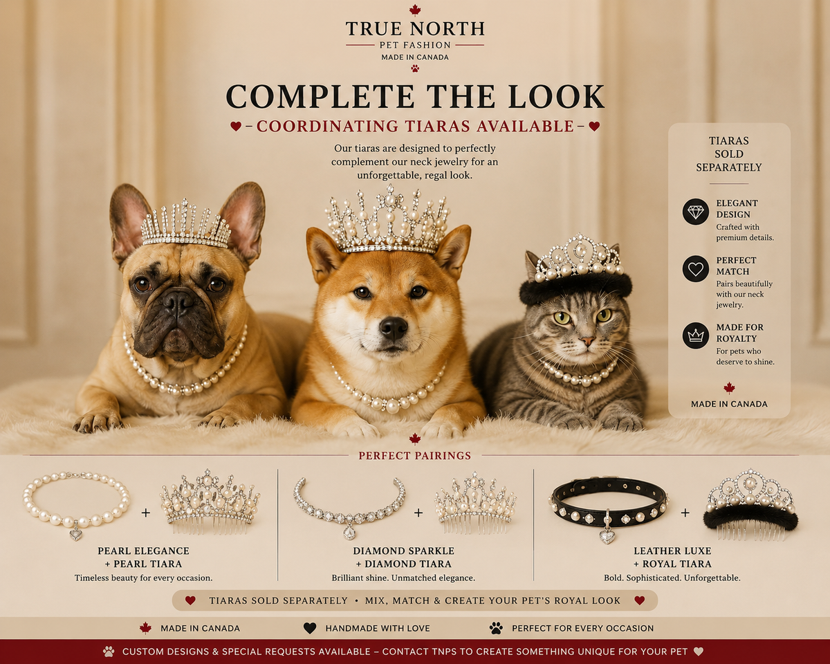 Coordinating tiaras and neck jewelry for dogs and cats. featuring Pearl Elegance, Diamond Sparkle and Leather Luxe styles handmade in Canada.