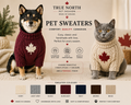 Shiba Inu and grey cat wearing personalized handmade pet sweaters in burgundy and ivory, made in Canada by True North Pet Station.
