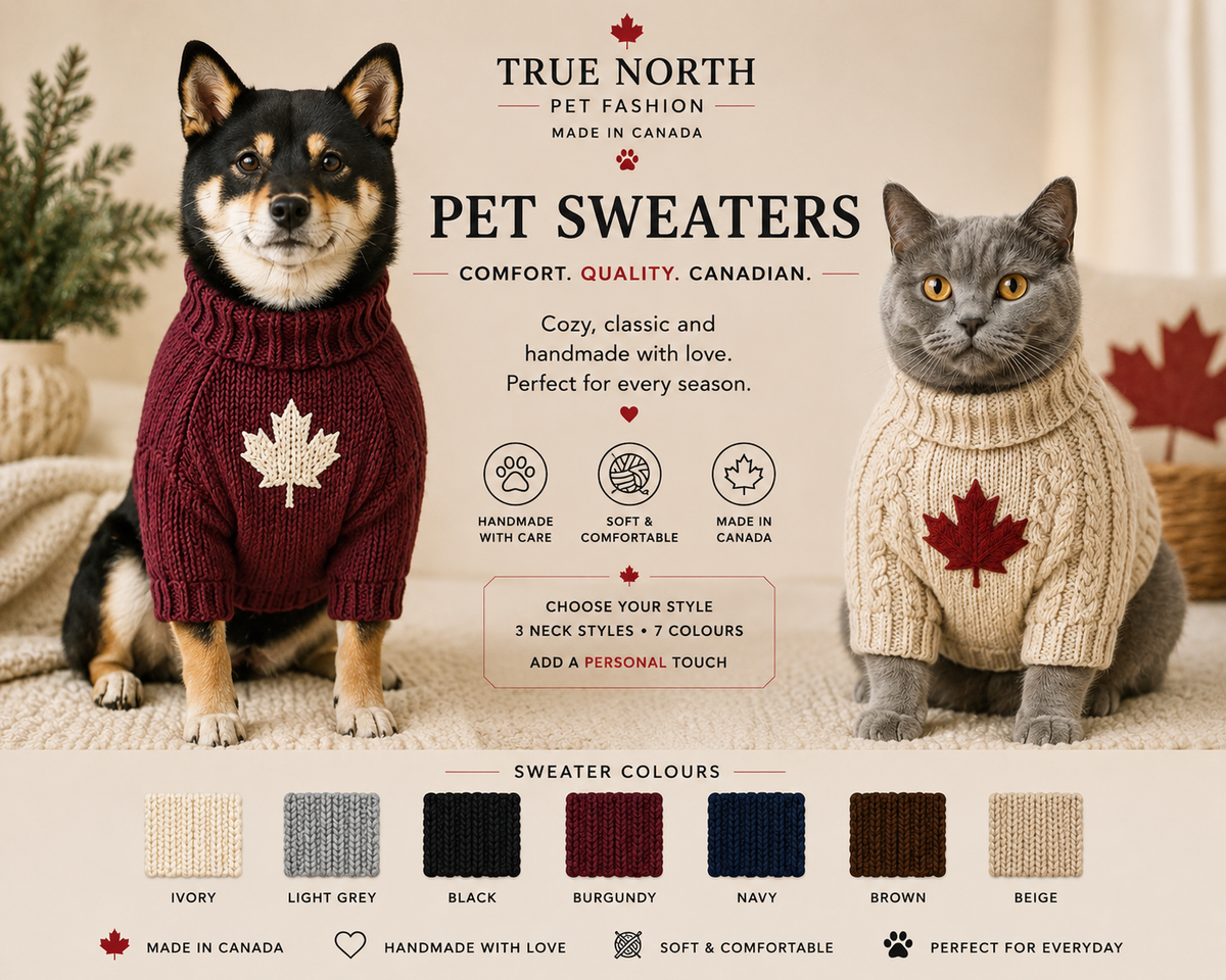 Shiba Inu and grey cat wearing personalized handmade pet sweaters in burgundy and ivory, made in Canada by True North Pet Station.