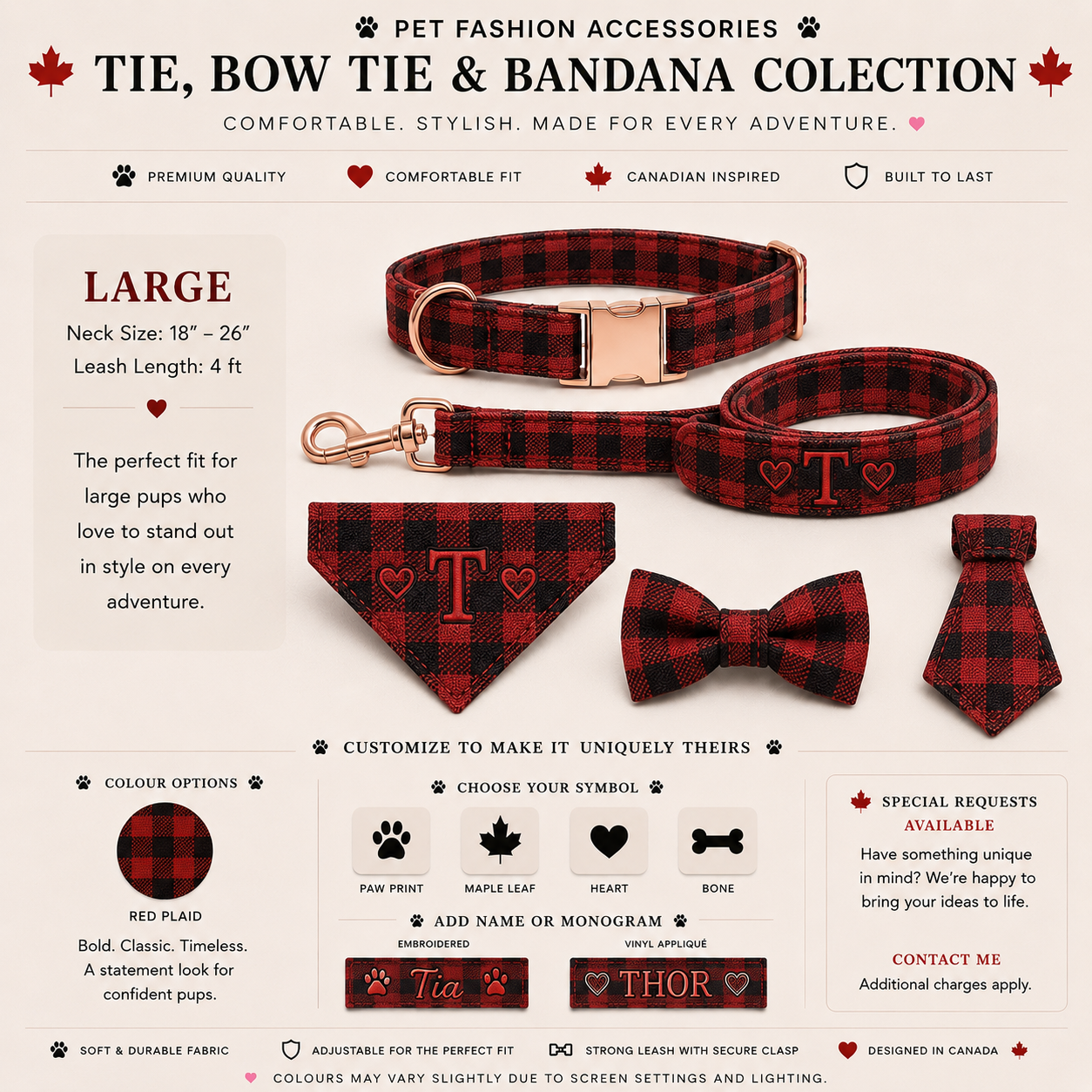 Personalized Pet Bow Tie in Red Plaid - Large size