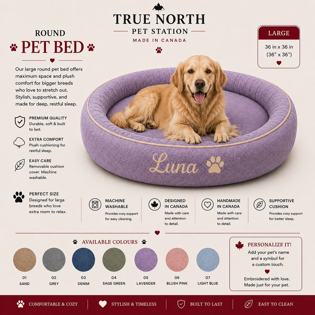 Large 36-inch round pet bed in lavender for large breed dogs and personalized name, handmade in Canada 
