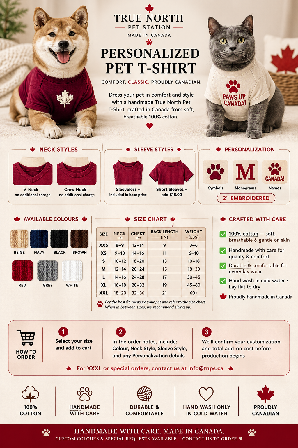 Personalized pet T-shirt guide showing neck and sleeves styles, colours, sizing, customization options and ordering details for handmade pet T-shirts in Canada.