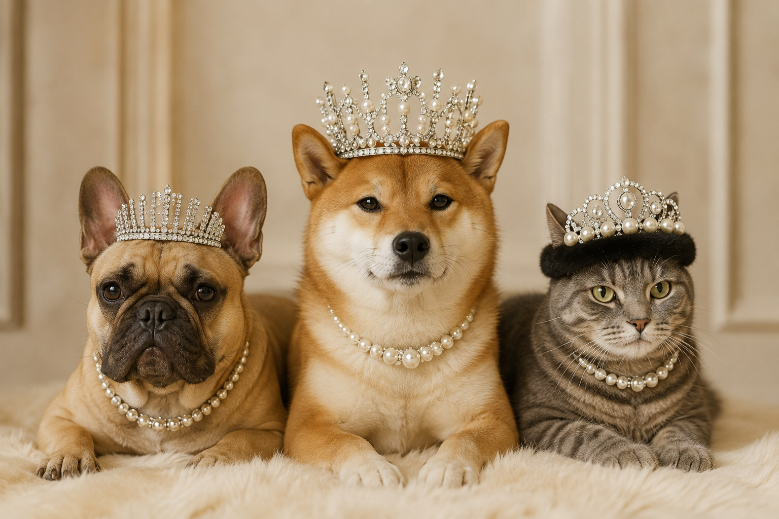 "Dog and cat wearing handmade pet tiaras and pearl necklaces by True North Pet Station."