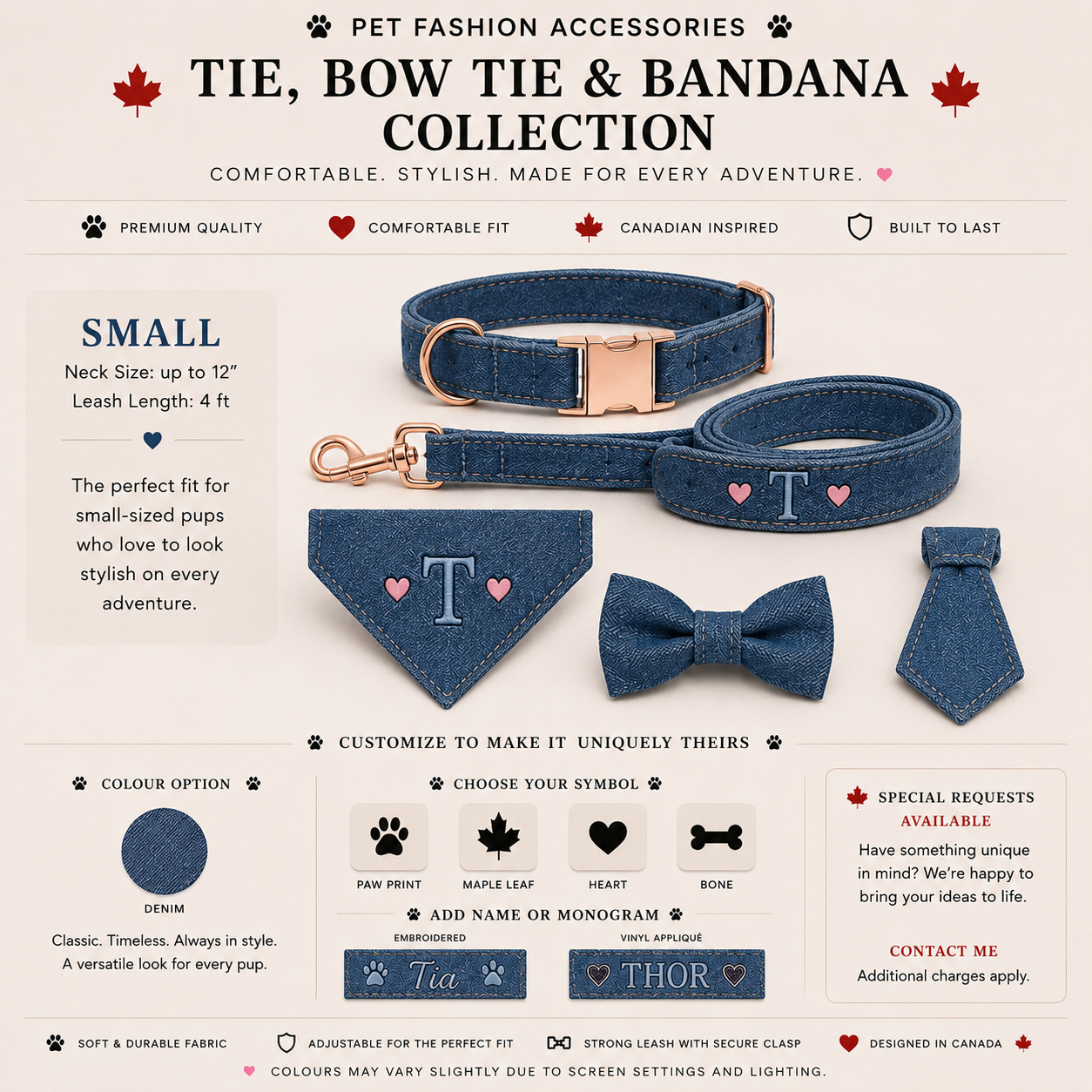 Personalized Pet Bow Tie in Denim - Small size