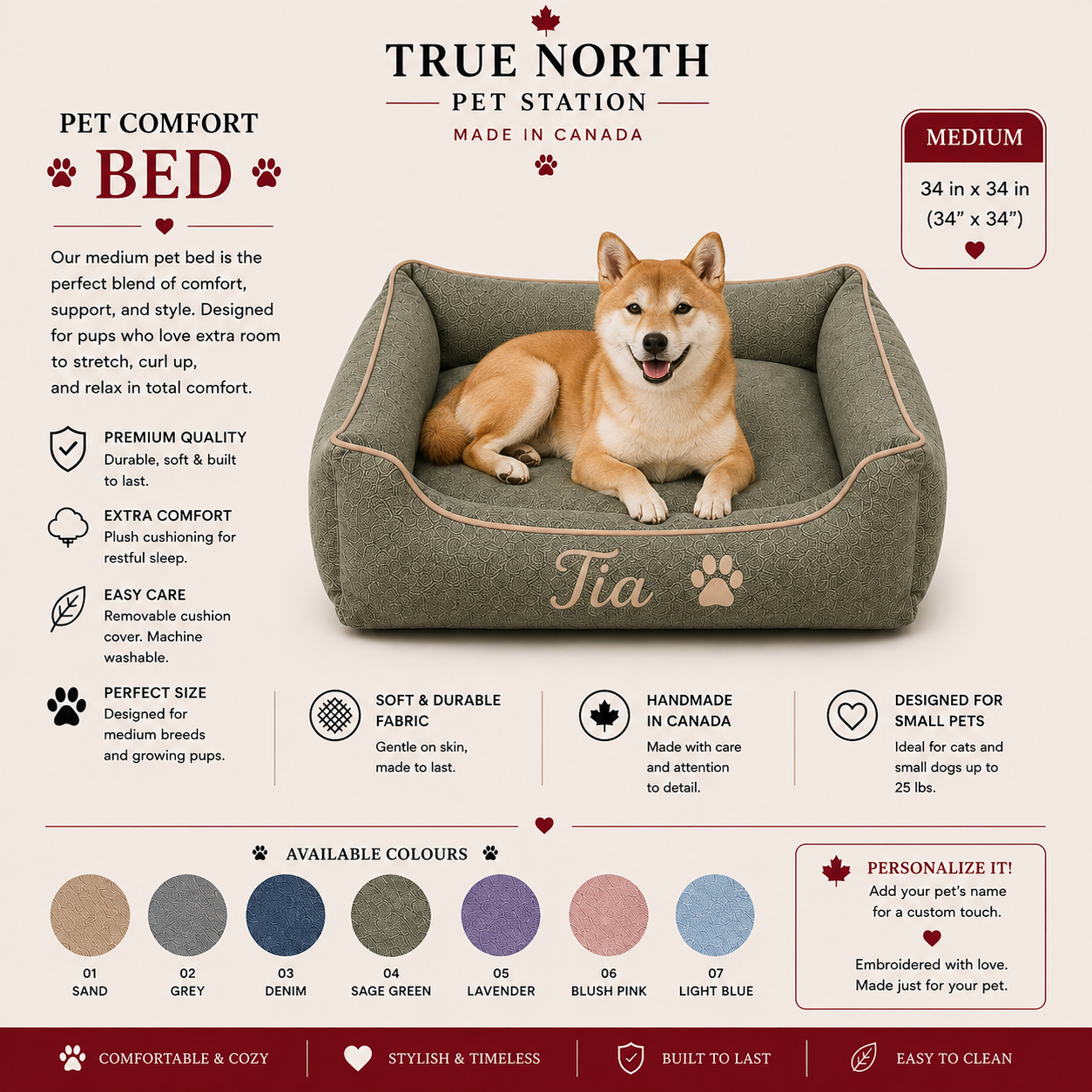 Medium 34x34 inch handmade square dog bed in sage green for dogs and cats, personalized with pet name, by True North Pet Station in Canada.