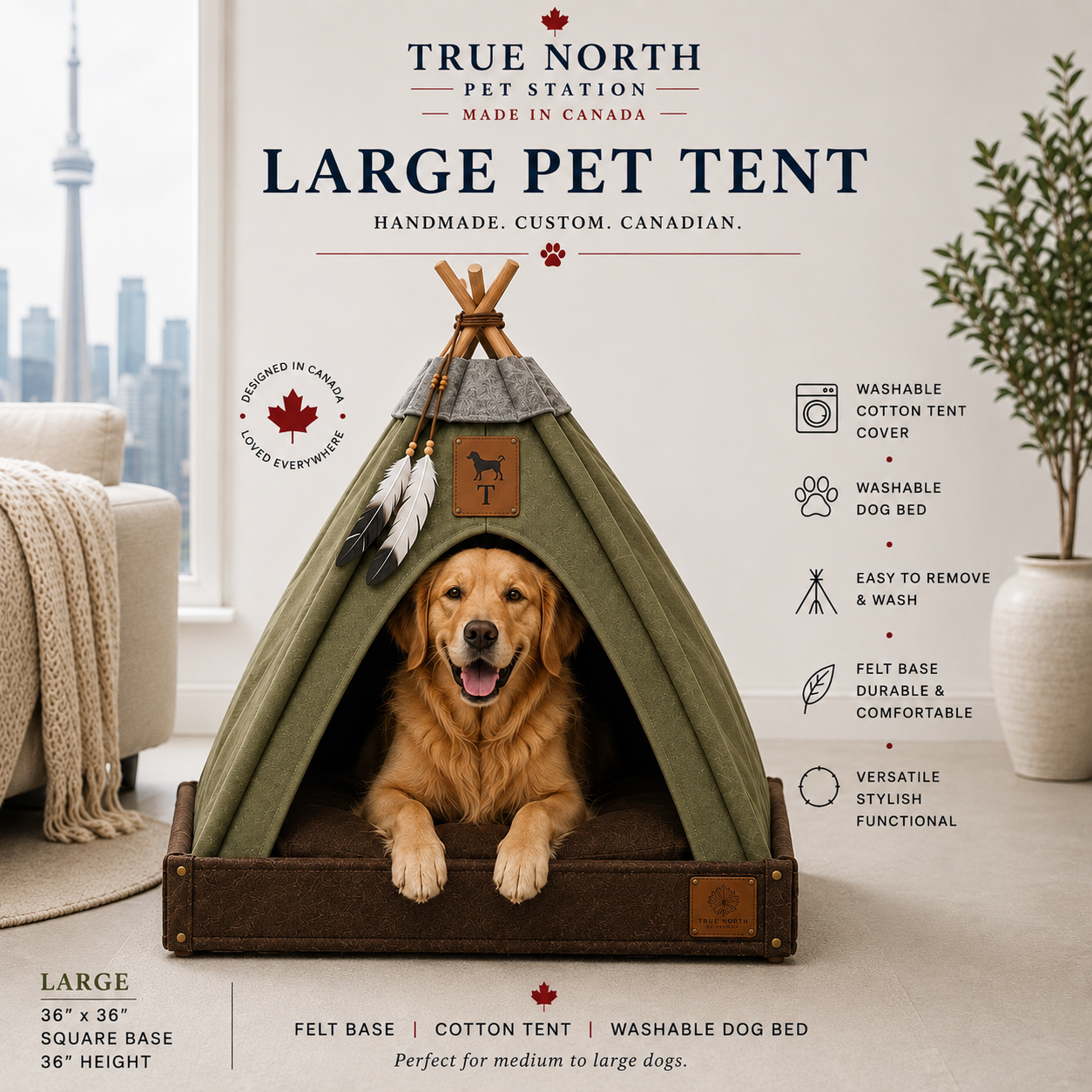 Large handmade custom pet ent for dogs with 36x36 inch square brown felt base, green cotton cover and washable pet bed